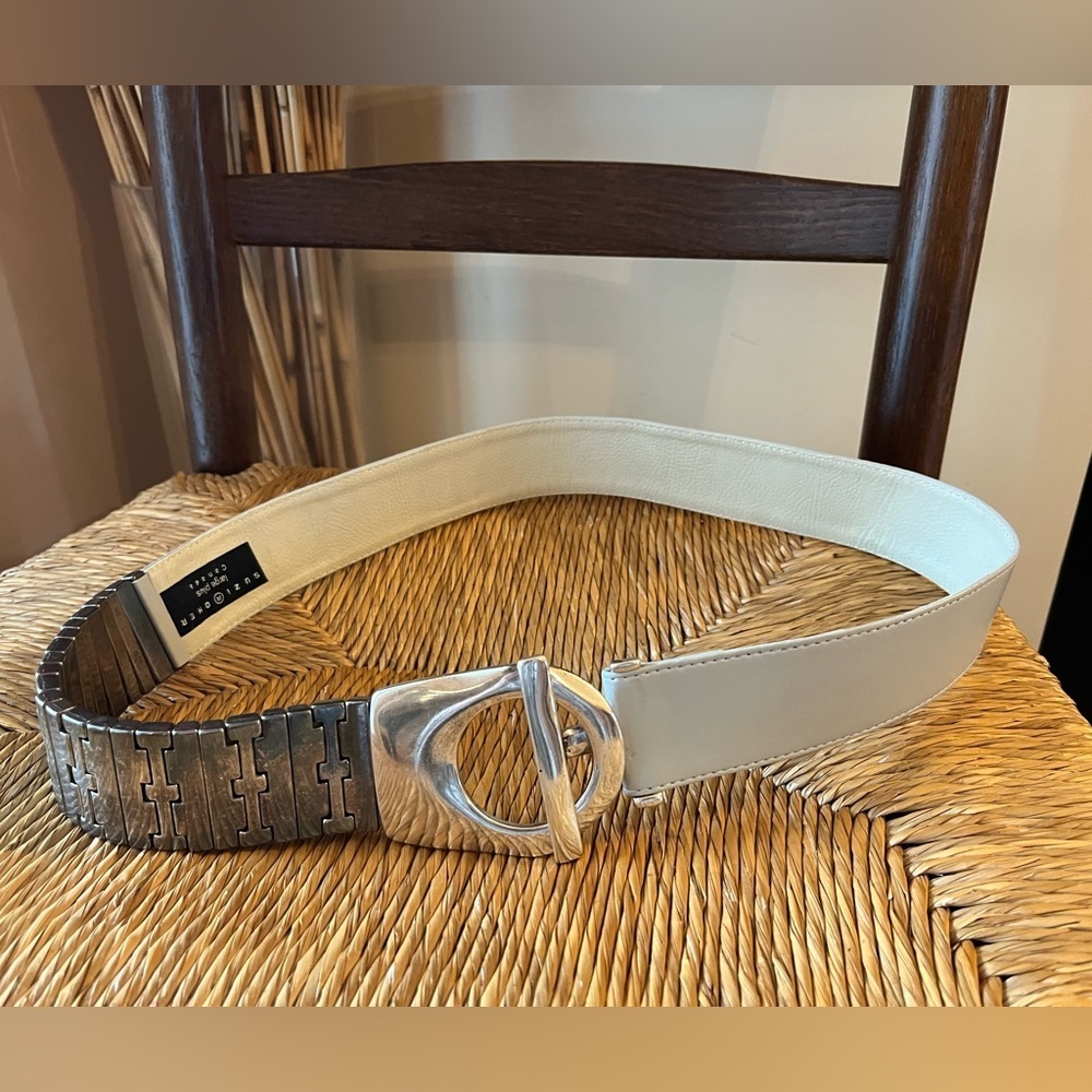 Suzi Roher Silver Toned Metal Oval Buckle Link Wide Belt Plus Large Stretch